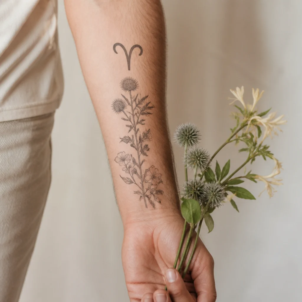 Aries glyph tattoo above a small bouquet of thistle and honeysuckle on a man's forearm in black-and-gray botanical detail
