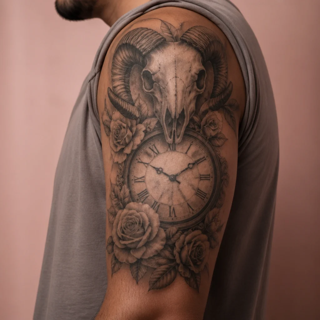 Ram skull tattoo with an antique clock and roses on a man's upper arm in black-and-gray with a layered composition