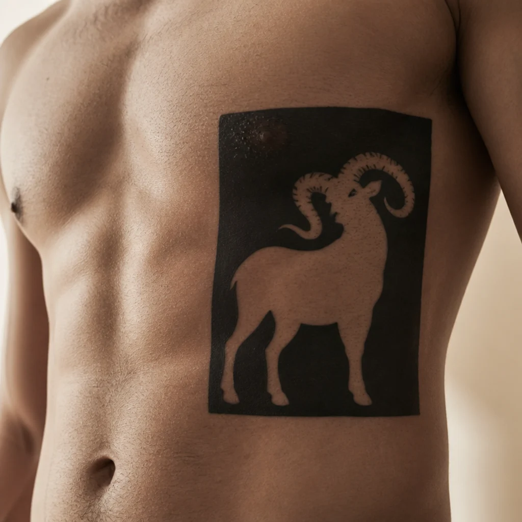 Negative-space ram tattoo on a man's ribcage where a bold black field forms the ram shape from untouched skin