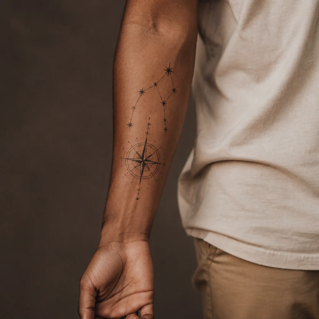 Aries constellation tattoo combined with a compass rose on a man's forearm in fine black linework with small star points