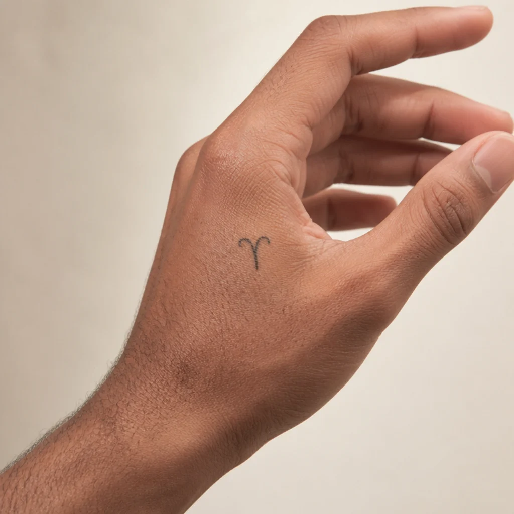 Tiny Aries glyph tattoo on the side of a man's hand near the thumb in minimal fine black strokes