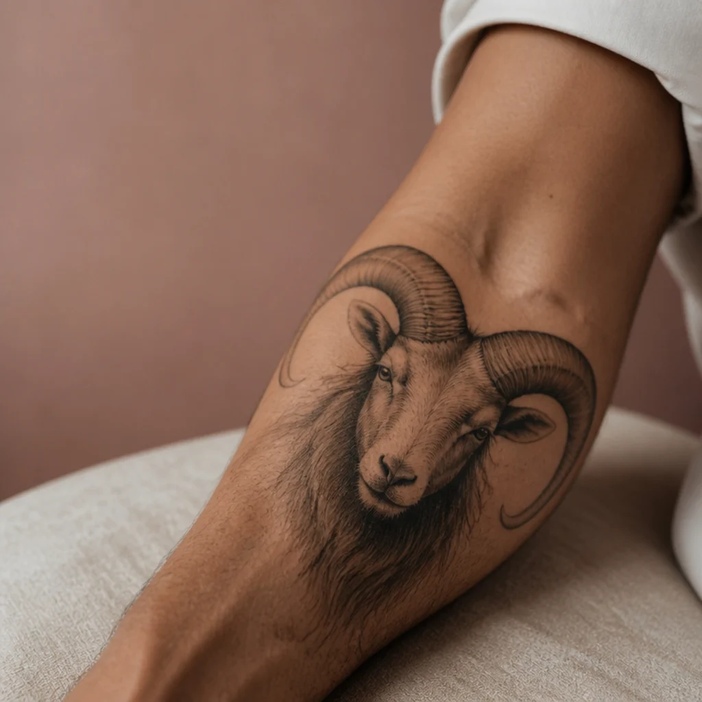 Muscular forearm with a bold black-and-gray Aries ram tattoo, curved horns and fine linework
