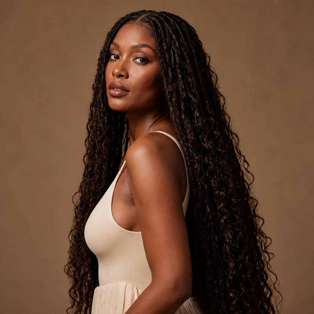 Black woman from a three-quarter side angle wearing natural dark brown waist-length butterfly locs with even distressed looping