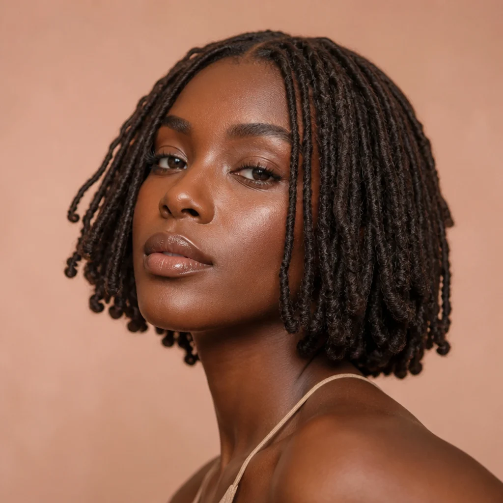 Black woman from the front-side angle wearing chin-length short butterfly locs in dark brown with a blunt bob shape