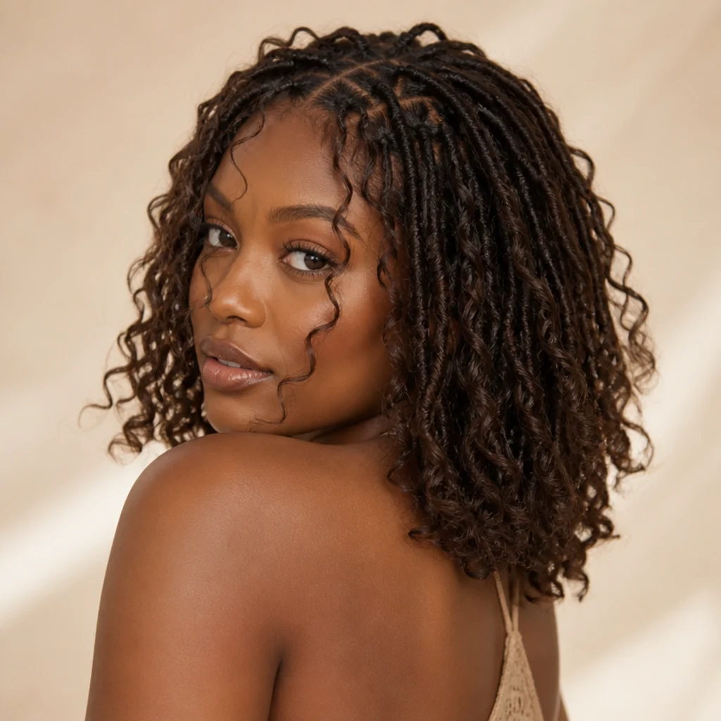 Black woman from a three-quarter back angle wearing mid-length boho butterfly locs with loose curly pieces woven throughout