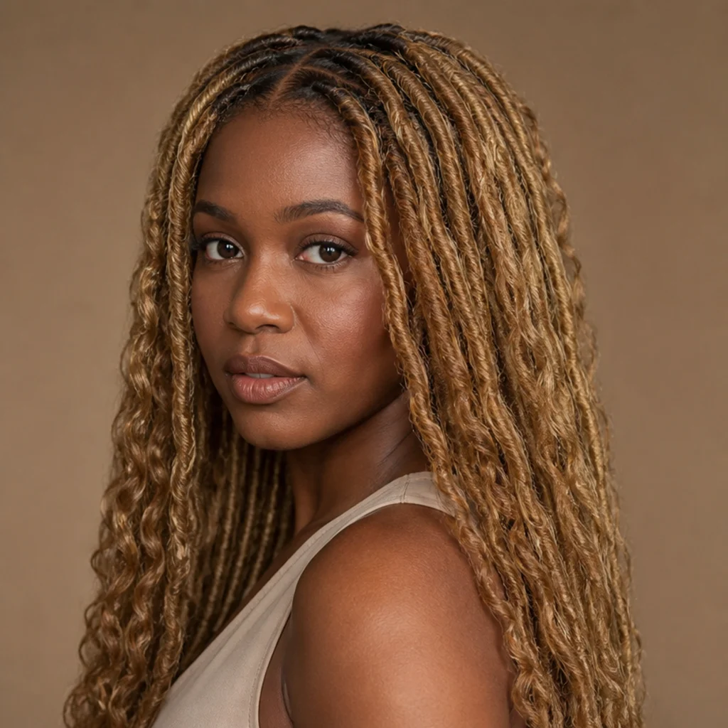 Black woman from a three-quarter side angle wearing long honey blonde butterfly locs with warm golden tones