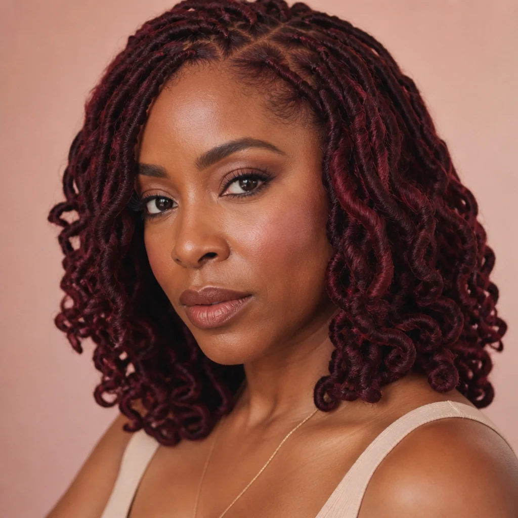 Black woman from the front-side angle wearing shoulder-length deep berry burgundy butterfly locs with rich red-plum tones