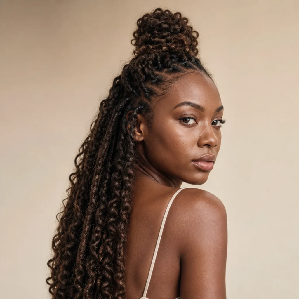 Black woman from a three-quarter back angle wearing long butterfly locs styled half-up into a top knot with the rest flowing down