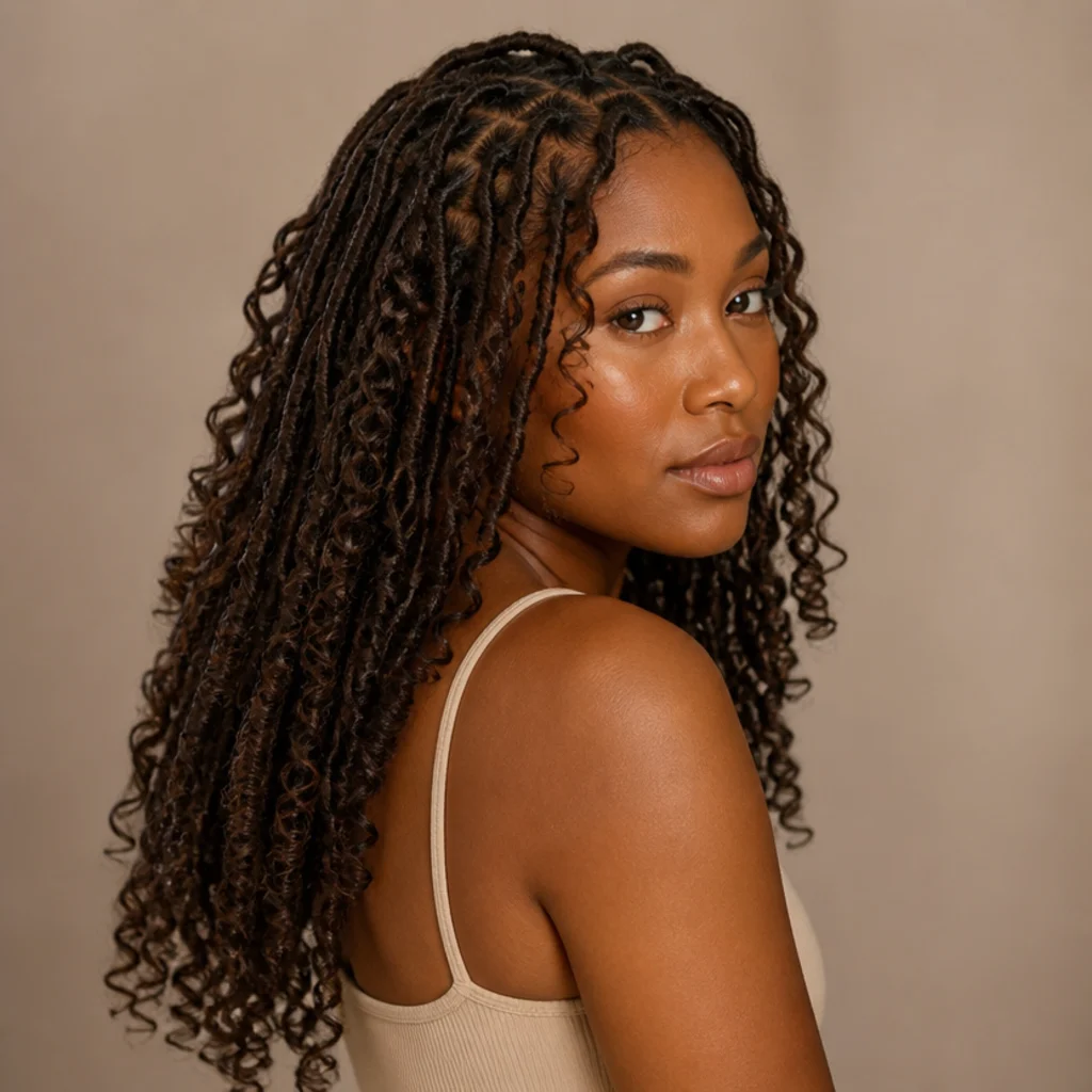 Black woman from a three-quarter side angle wearing mid-back butterfly locs finished with defined curly spiral ends