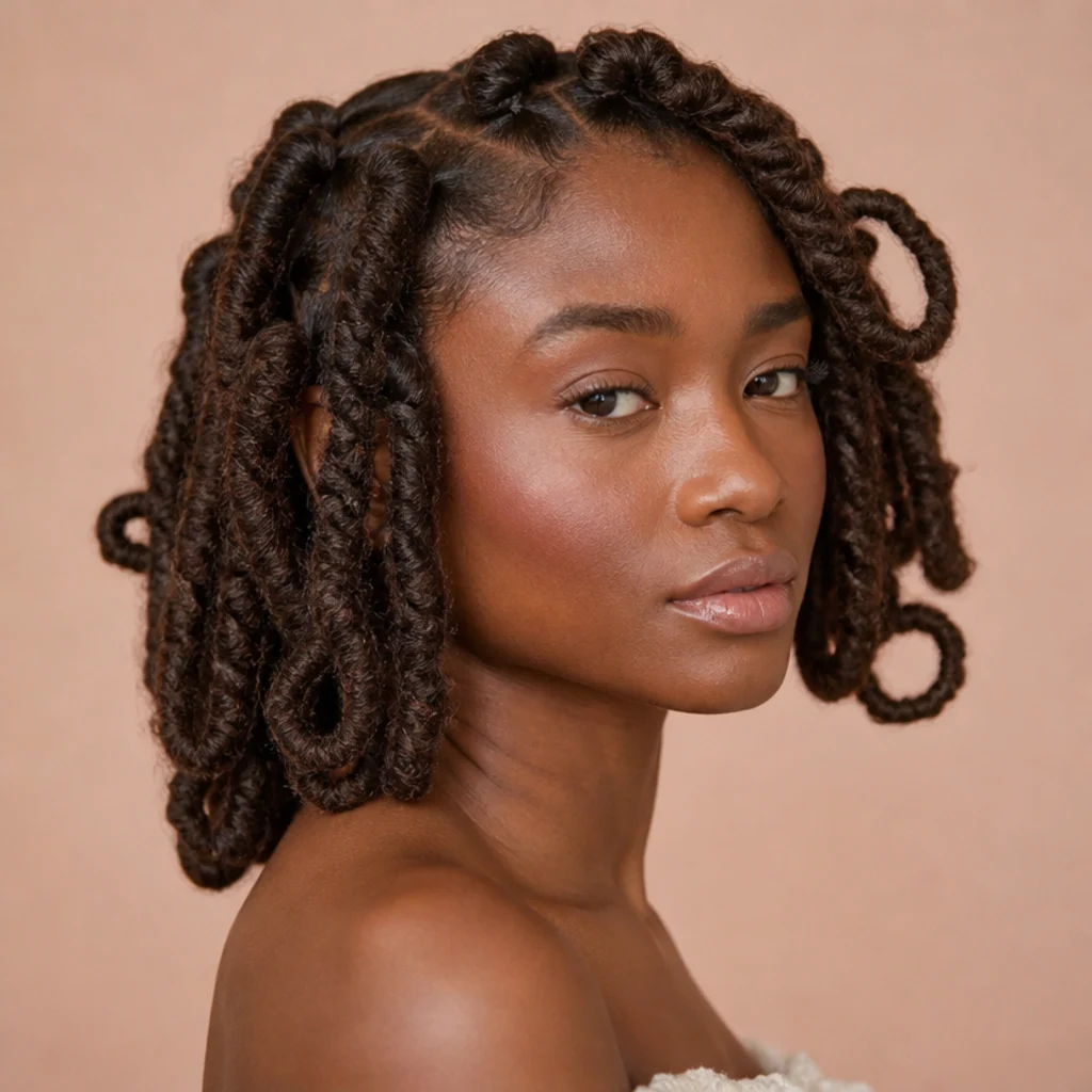 Black woman from the front-side angle wearing thick jumbo butterfly locs at shoulder length with chunky looped texture