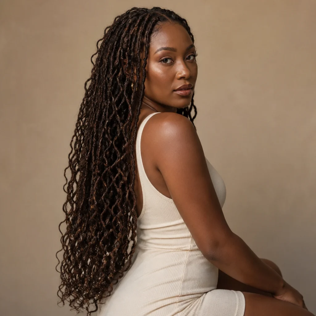 Black woman from a three-quarter side angle wearing dramatic hip-length long butterfly locs with flowing looped texture