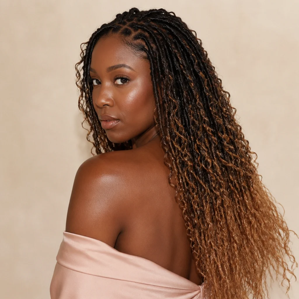 Black woman from a three-quarter back angle wearing long butterfly locs that fade from dark roots to caramel ombre ends