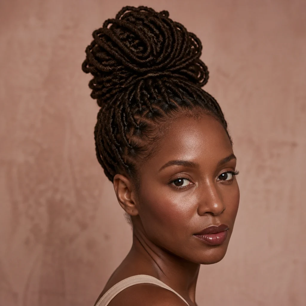 Black woman from a three-quarter side angle wearing butterfly locs gathered into a tall sculpted high bun with clean edges