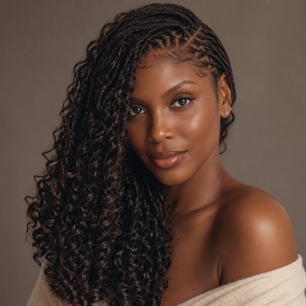 Black woman from the front-side angle wearing butterfly locs swept dramatically over one shoulder with a deep side part
