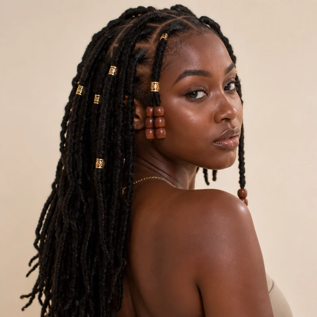 Black woman from a three-quarter back angle wearing butterfly locs decorated with gold cuffs and wooden beads along several locs