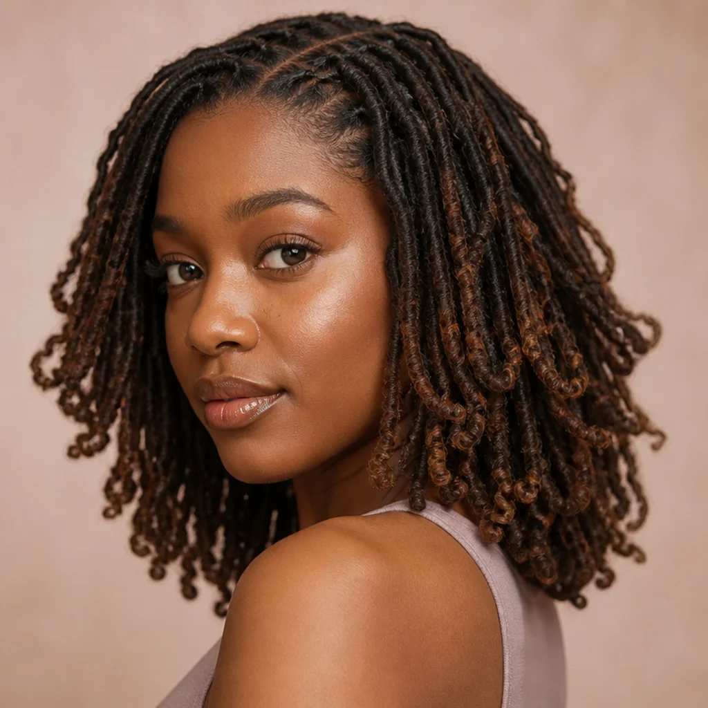 Black woman from a three-quarter side angle wearing versatile shoulder-length butterfly locs in natural brown with soft ends