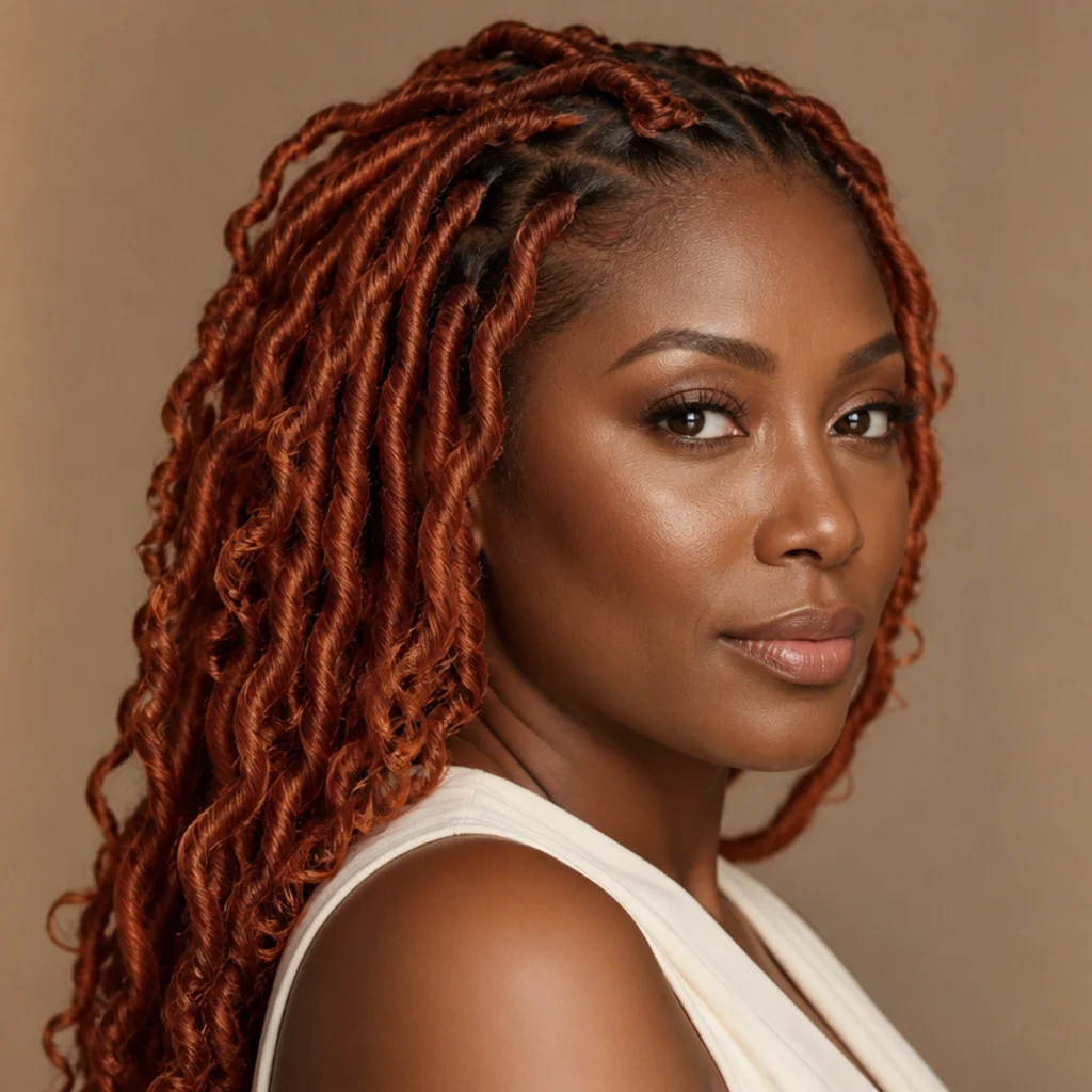 Black woman from the front-side angle wearing warm copper ginger butterfly locs with rich auburn-orange tones