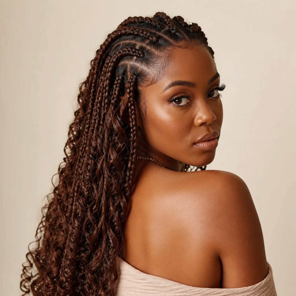 Black woman from a three-quarter back angle wearing butterfly faux locs with neat braided roots transitioning to looped distressed length