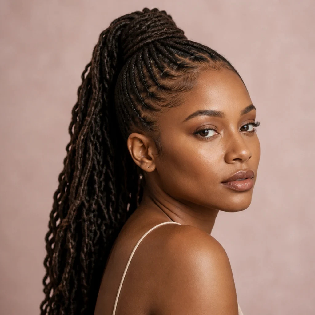 Black woman from a three-quarter side angle wearing butterfly locs pulled into a long sleek high ponytail with smoothed edges