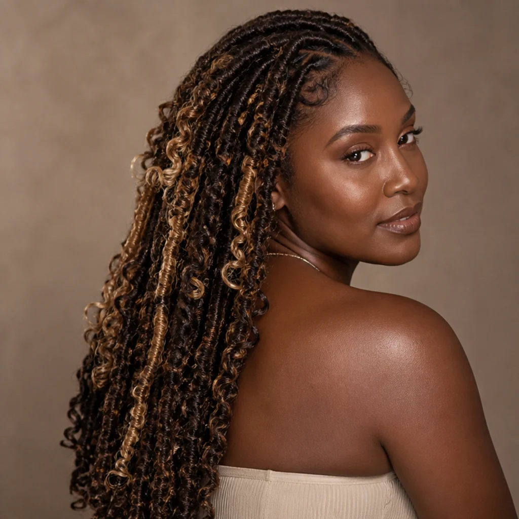 Black woman from a three-quarter back angle wearing butterfly locs blending dark base color with lighter blonde highlighted locs throughout