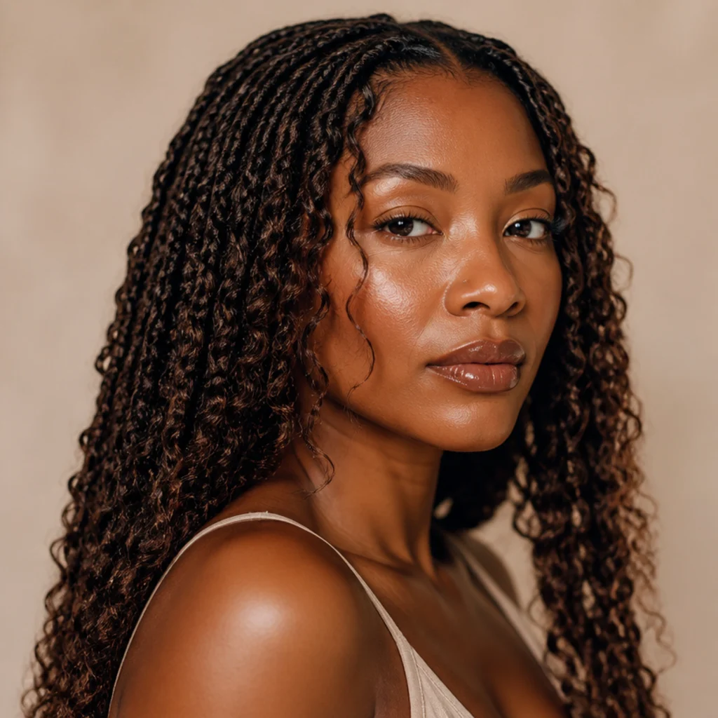 Black woman from the front-side angle wearing boho butterfly locs finished with loose water-wave curly strands framing the face