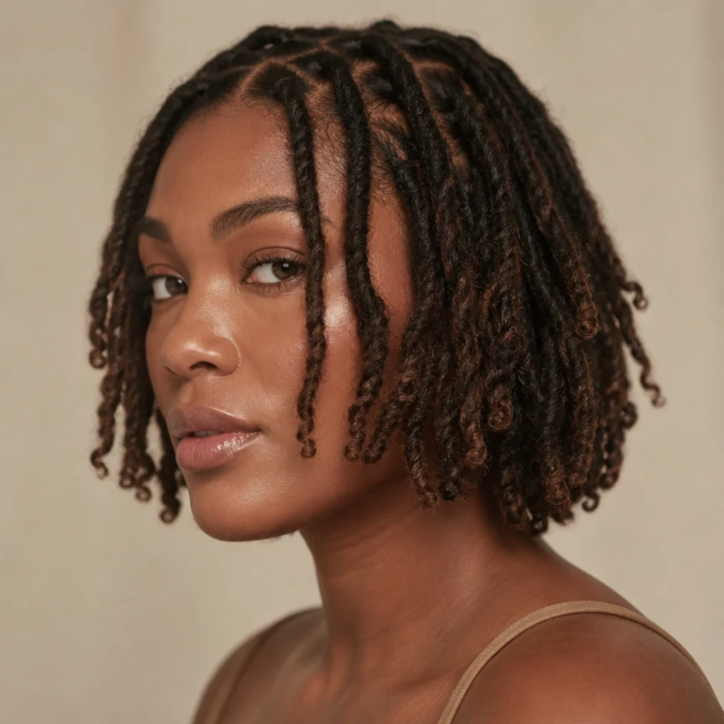 Chin-length short butterfly locs bob in natural dark brown 1B, three-quarter side angle on a Black woman, soft studio light