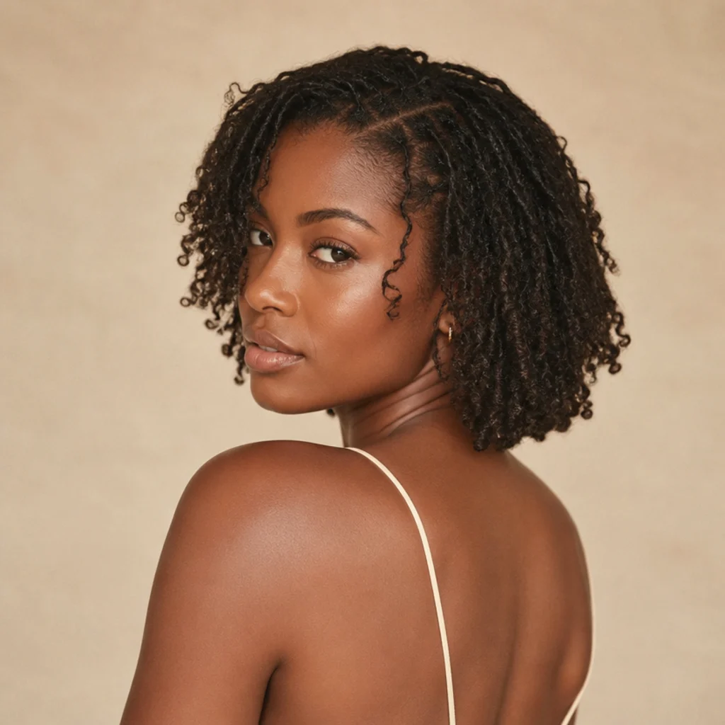 Distressed short butterfly locs at chin length with visible looped texture and wispy pieces, back three-quarter angle, warm ivory backdrop