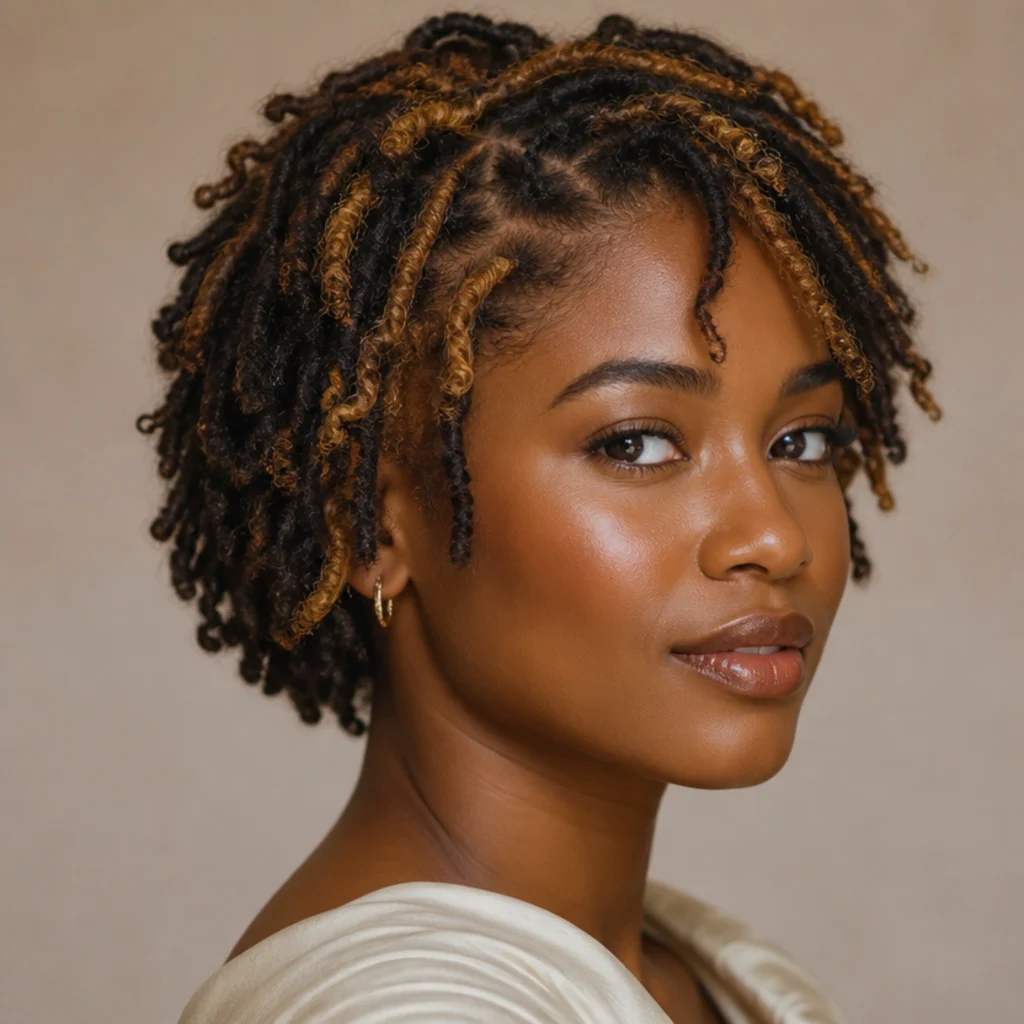 Short butterfly locs with warm honey and caramel highlights ribboned through a dark base, three-quarter side angle, taupe background