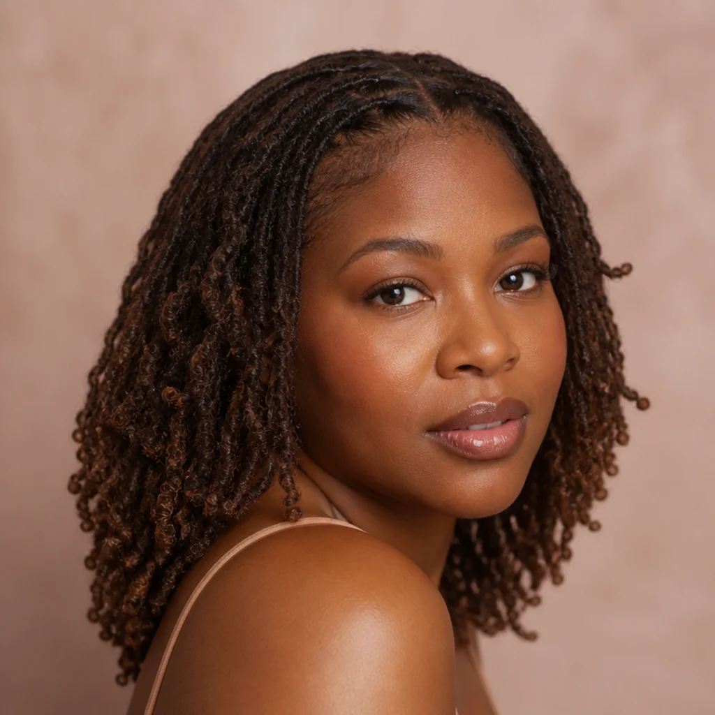 Shoulder-length butterfly locs in soft natural brown worn down, three-quarter side angle on a Black woman, muted blush backdrop