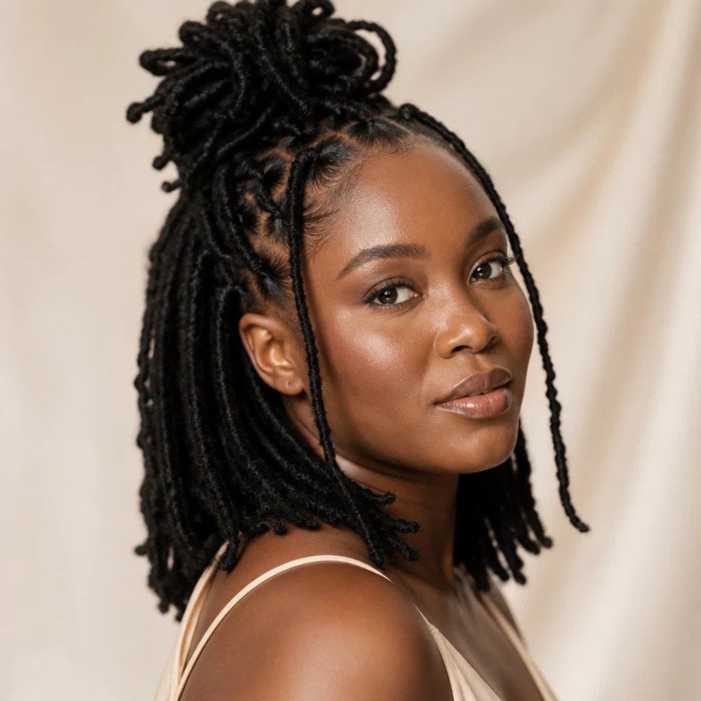 Shoulder butterfly locs styled half-up into a loose bun with two face-framing locs left down, three-quarter angle, ivory light