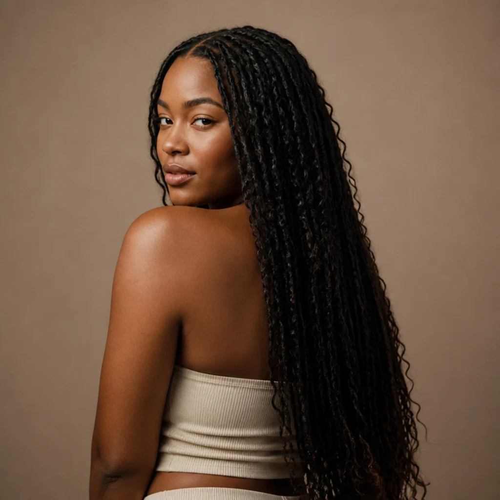 Long butterfly locs falling past the chest with a clean center part worn down, back three-quarter angle, warm taupe backdrop