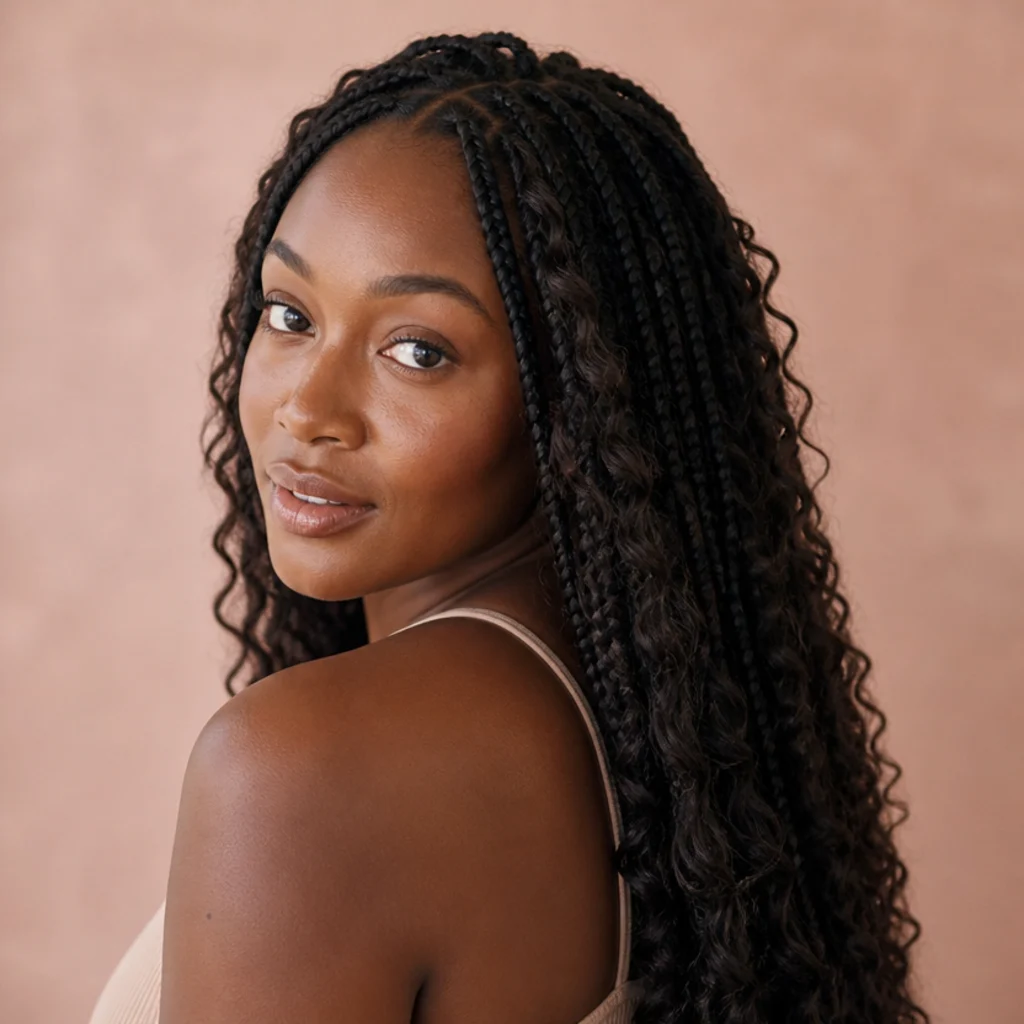 Butterfly faux locs with loose curly ends left unsealed so the tips bloom into waves, three-quarter side angle, blush background