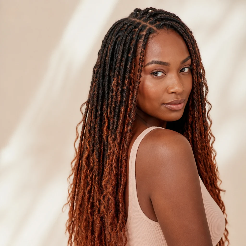 Long butterfly locs in a dark-to-copper ombre melting from natural roots, three-quarter side angle on a Black woman, ivory studio light