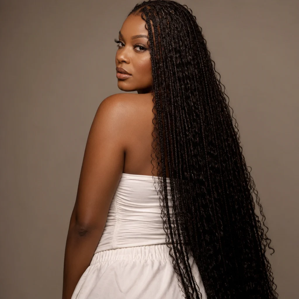Waist-length butterfly locs worn down in natural black-brown, back three-quarter angle, dramatic length, taupe backdrop