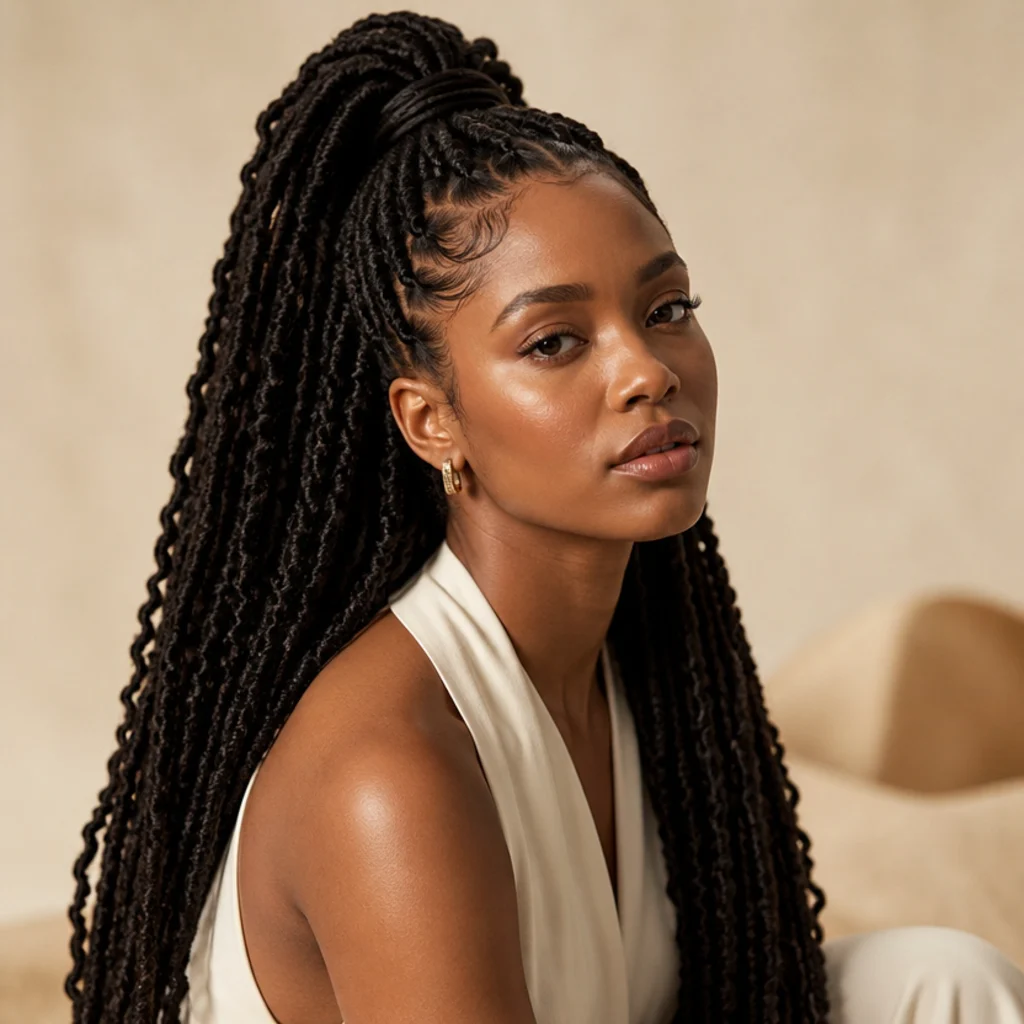 Waist-length butterfly locs pulled into a high chunky ponytail with sculpted edges, three-quarter angle, warm ivory light