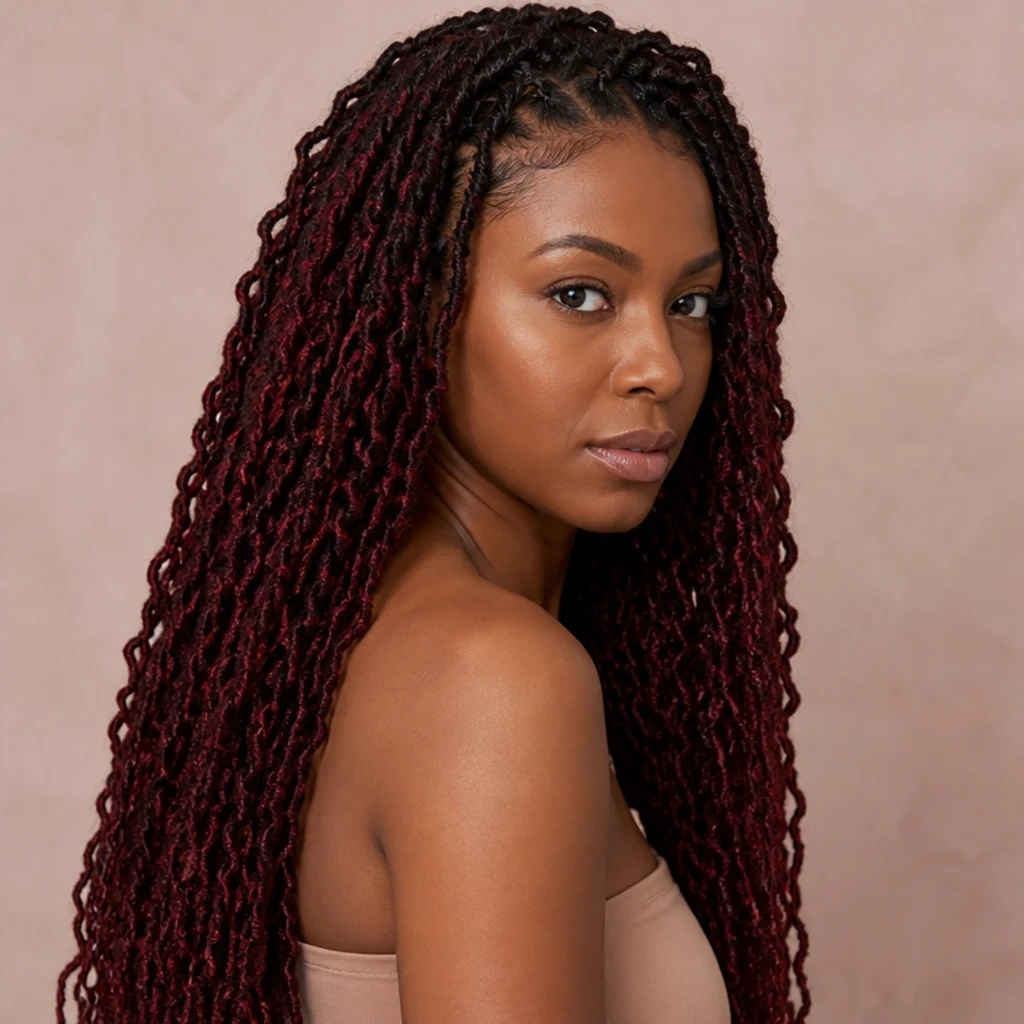 Long butterfly locs in deep burgundy over dark roots worn down, three-quarter side angle on a Black woman, blush backdrop