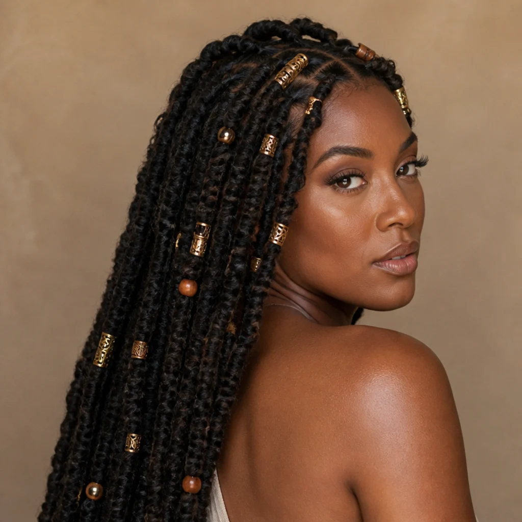 Long butterfly locs decorated with gold cuffs and wooden beads, three-quarter back angle, detailed accessory close view, taupe background