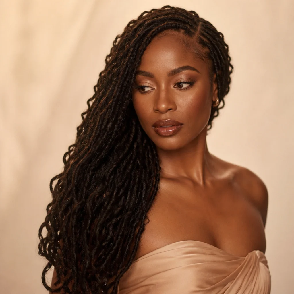 Long butterfly locs swept dramatically over one shoulder in a glamorous evening drape, three-quarter side angle, ivory light