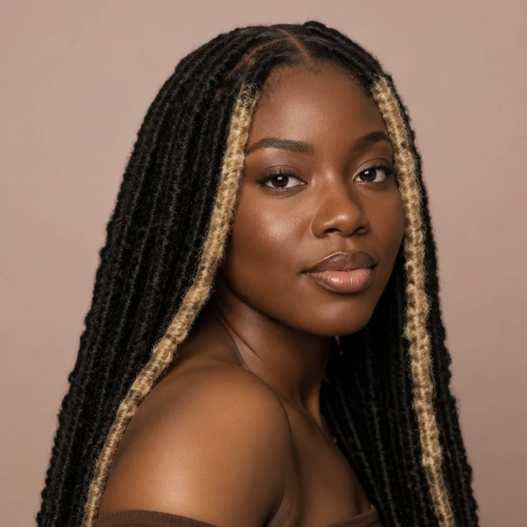 Long butterfly locs with a bright blonde money piece framing the face against a dark base, three-quarter angle on a Black woman, blush backdrop