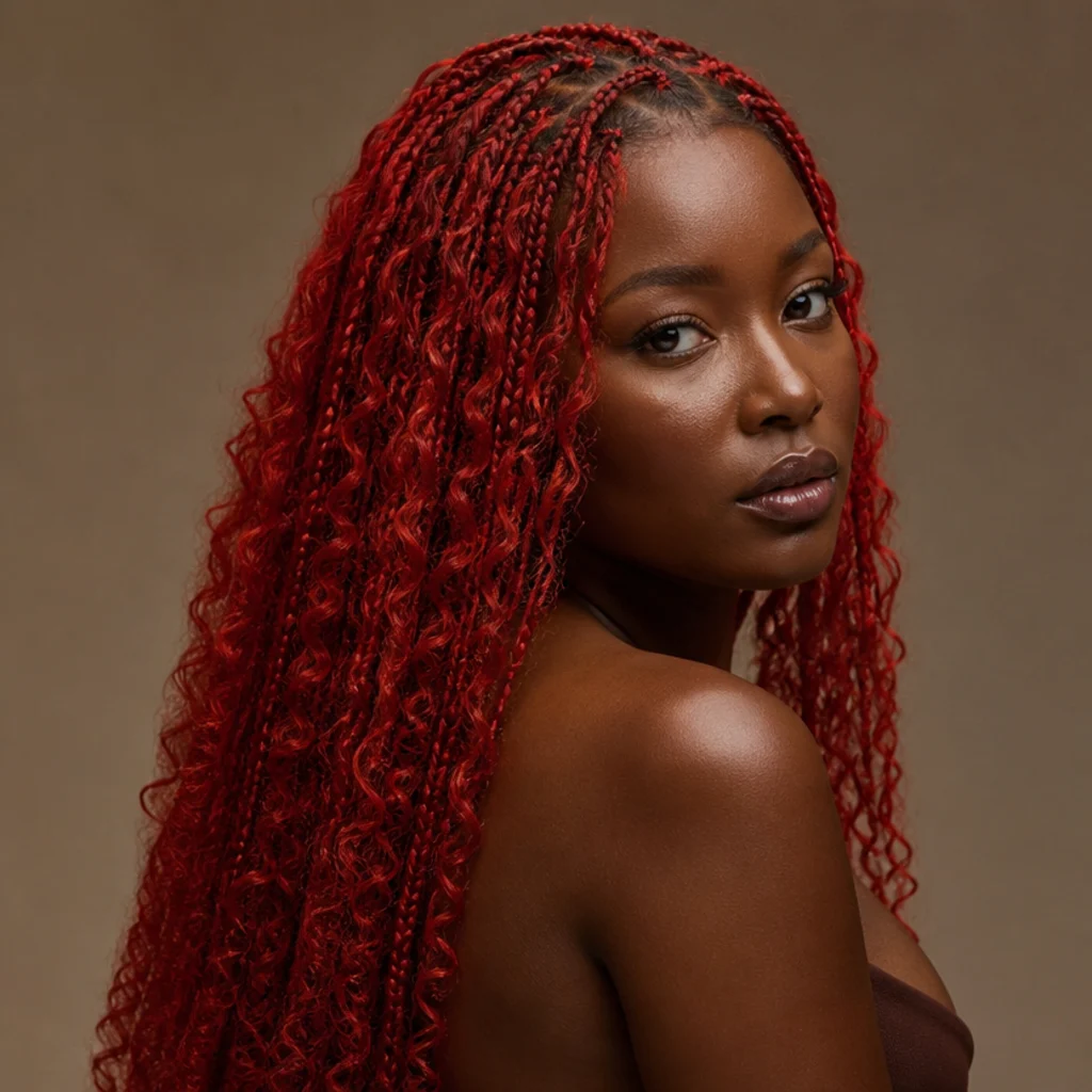 Vivid red butterfly locs worn long and down, three-quarter side angle, bold all-over color, warm taupe studio backdrop