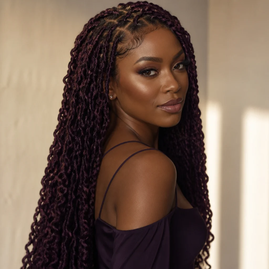 Long butterfly locs in deep plum-violet styled for evening, three-quarter side angle, moody soft light, ivory backdrop