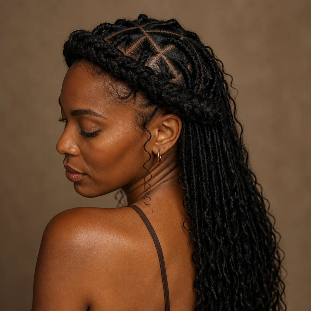 Long butterfly locs with the front braided into a crown wrapping the head, back three-quarter angle, intricate parting, taupe background