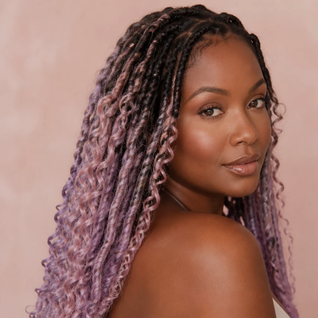 Long butterfly locs with dark roots melting into pastel lavender and pink ends, three-quarter side angle, playful color, blush light