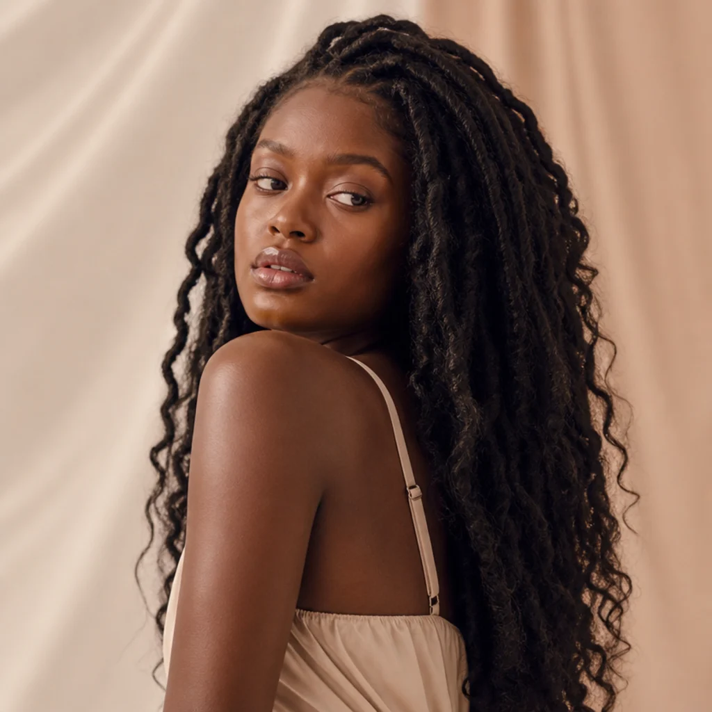 Jumbo-thickness butterfly locs with heavy bohemian texture worn down and voluminous, back three-quarter angle, ivory studio light
