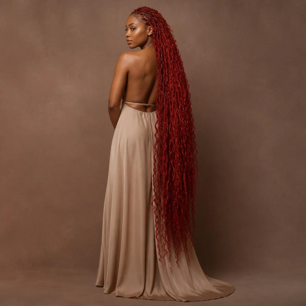 Extra-long floor-grazing butterfly locs in bold color, dramatic full-length back angle on a Black woman, warm taupe backdrop
