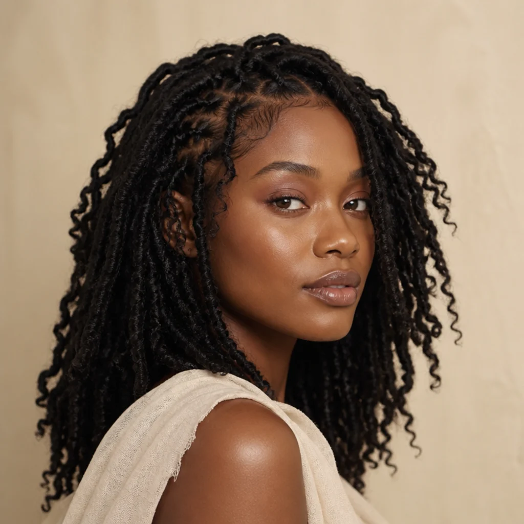 Black woman shown in a soft-to-bold butterfly locs progression, three-quarter side angle, textured distressed locs
