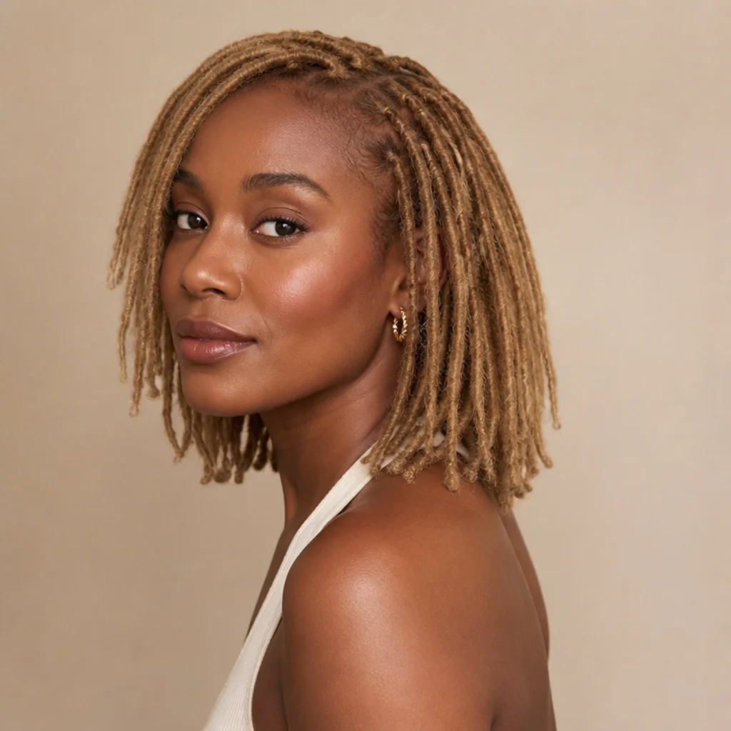 Three-quarter side view of shoulder-length honey blonde butterfly locs with even looped texture on a Black woman against a warm ivory backdrop