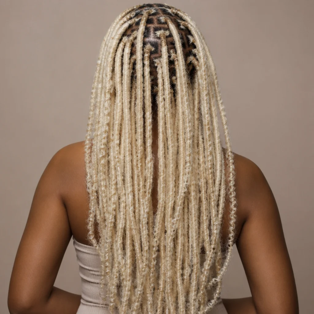 Back view of long platinum blonde butterfly locs with cool silver undertones and airy looped texture on a Black woman