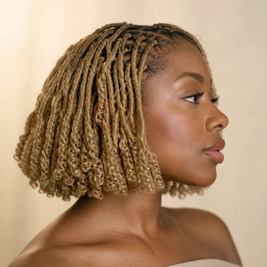 Side profile of chin-length short blonde butterfly locs with a rounded bob shape and soft curly ends on a Black woman
