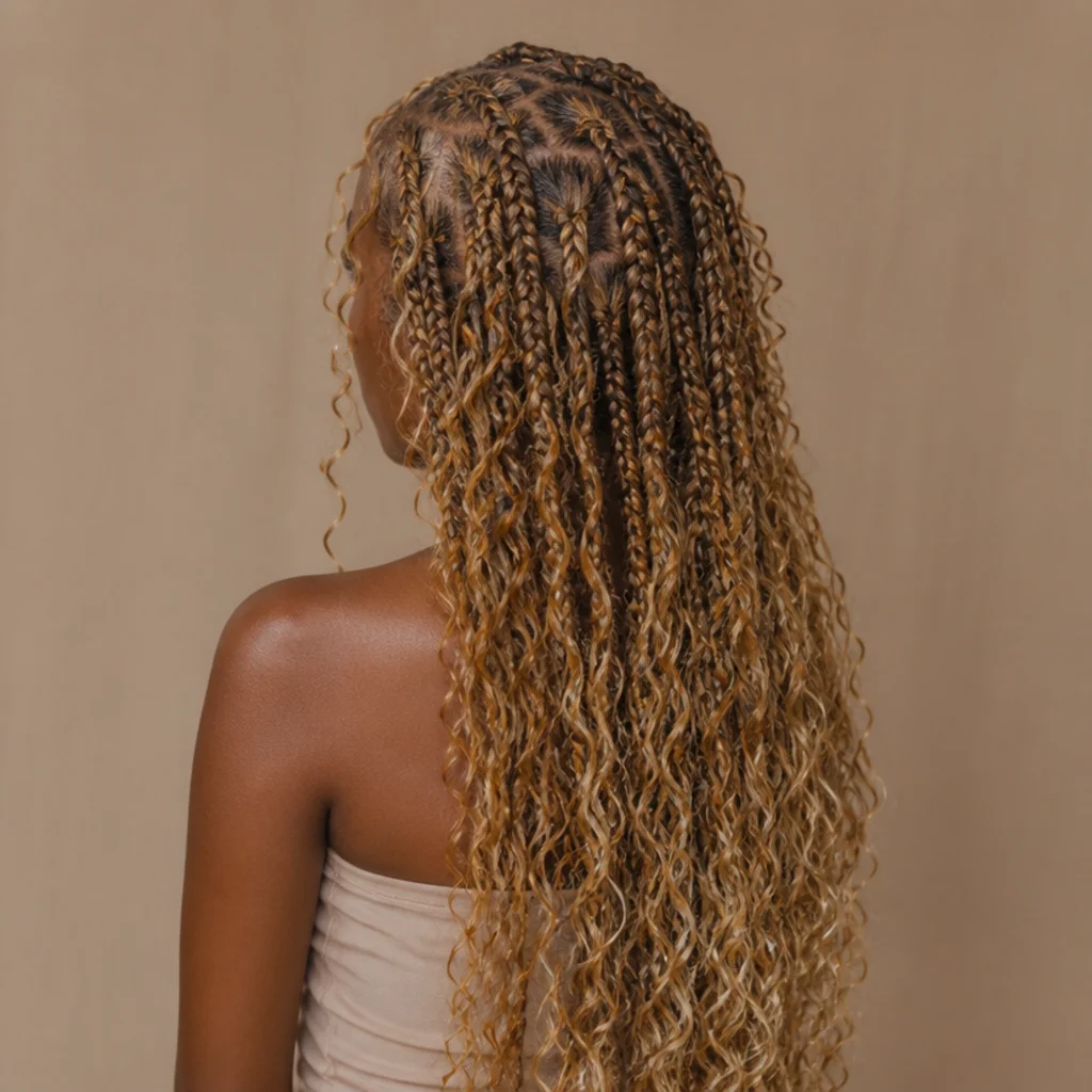 Back view of long boho blonde butterfly locs with loose spiral curls woven throughout the looped texture